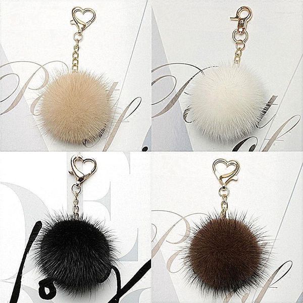 Chaveiros 2023 Luxo Real Fur Ball Pompom 9 Cores Genuíno Mink Chaveiro Coração Forma Metal Chaveiro Pingente Saco Charme Mulheres F331