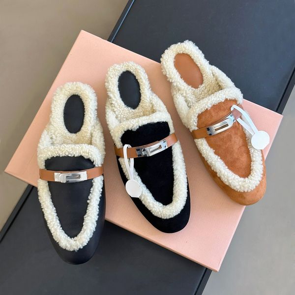 Inverno de luxo pele chinelo slide mules mulheres fivela de couro cabeça redonda peluda sandálias fofas tamancos mocassins de lã quente designer slide scuffs ao ar livre