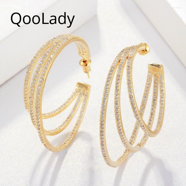 Creolen QooLady 3 Reihen Mode Luxus Micro Pave CZ Gold Farbe Chic Big Loop Kreis Damen Runde Für Frauen Schmuck E126