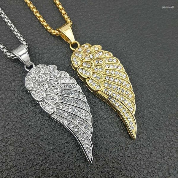 Collane con ciondolo Hip Hop Bling ghiacciato Strass Oro Argento Colore Acciaio inossidabile Collana con ala d'angelo per uomo Gioielli rapper