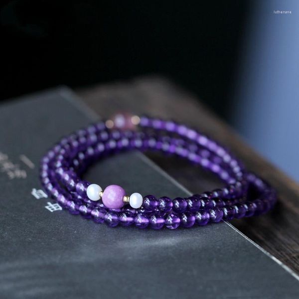 Charm-Armbänder Mengzheng Natürliches brasilianisches Amethyst-Armband mit lila Glimmer-Erdbeer-Kristallperle Multi-Ring-Damen-Sommer