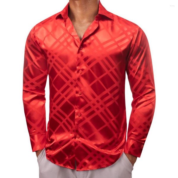 Camisas casuais masculinas de luxo para homens seda cetim vermelho xadrez manga longa fino ajuste masculino blusas trun down colarinho tops roupas respiráveis