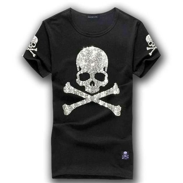 MMJ Mastermind Japan Shining Diamond Rhinestone Skull Gun O-Neck Kurzarm-T-Shirt aus Baumwolle, weiß und schwarz, Farbe 282 V