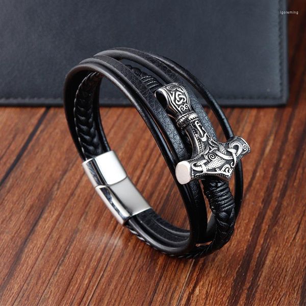 Мужской кожаный браслет викингов из нержавеющей стали, тканые браслеты из натуральной манжеты
