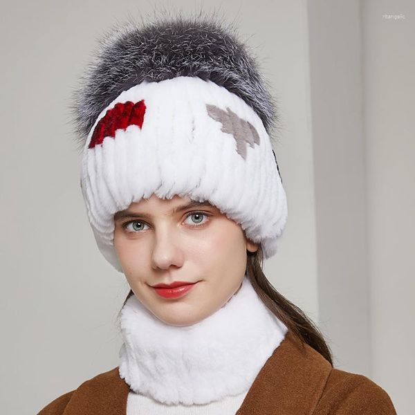 Berretti JKP Cappello di pelliccia Vero berretto a strisce con soffice palla argentata e bavaglino Donna Stile invernale russo