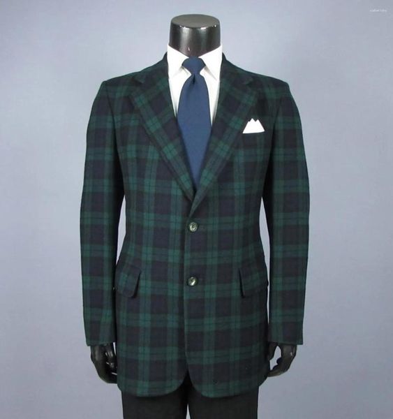 Abiti da uomo Plaid verde da uomo 2 pezzi Smoking con risvolto con visiera Smoking da sposo da sposa Costume Homme Party Business Tailor Made Cappotto maschile