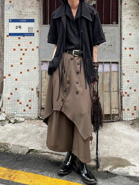 Calças masculinas vintage casa fivela japonês e feminino em camadas yamamoto yohji estilo irregular design senso de culottes saia solta