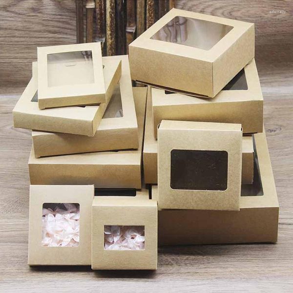 Envoltura de regalo 200 unids Caja de jabón de papel marrón blanco Paquete Kraft con ventana de PVC transparente Favores de caramelo ArtsKrafts Display