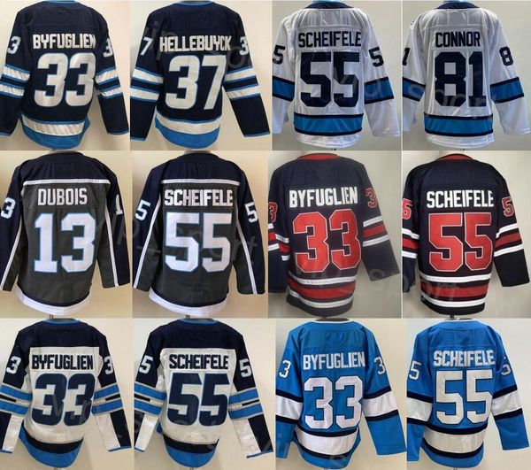 Erkek Hokey 37 Connor Hellebuyck Jersey Ters Retro 33 Dustin Byfuglien 81 Kyle Connor 55 Mark Scheifele Miras Klasik Kış Donanma Beyaz Renk Üzerine Dikildi