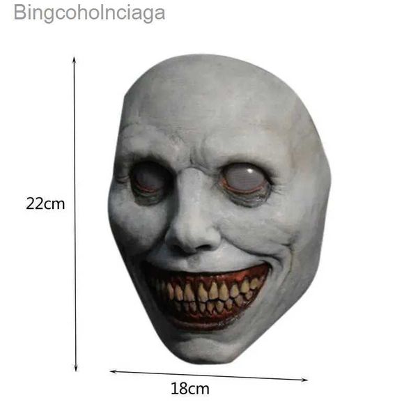 Tema Costume Halloween Terrore Maschera in lattice Felice Esorcista Maschera Sorriso Demone dagli occhi bianchi Copricapo Festa di Halloween strati COS Come DressingL231005