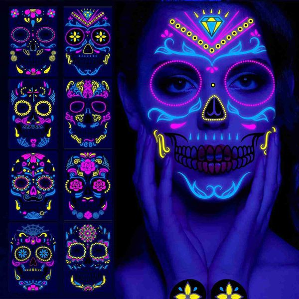 Máscaras de festa Halloween Fluorescente Adesivos Engraçado Braço Fantasma Rosto À Prova D 'Água Tatuagem Adesivos Mulheres Homens Fontes Do Partido Masquerade Cosplay Adereços Q231009