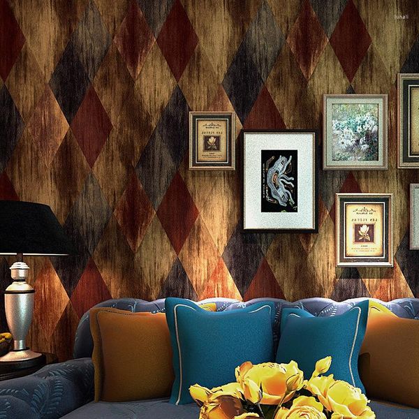 Wallpapers Vintage imitação de couro macio padrão papel de parede país americano diamante xadrez nostálgico quarto sala de estar televisão backgro