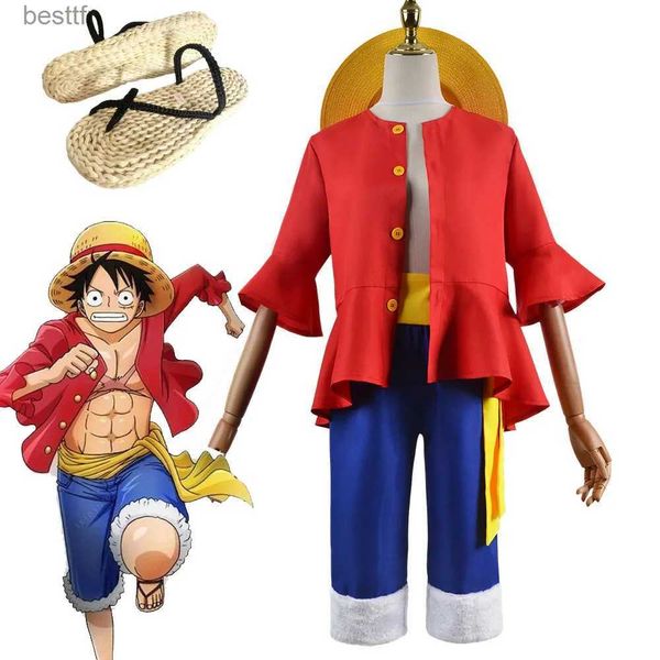 Themenkostüm Luffy Cosplay Come Monkey D. Luffy Cosplay Two Years Later Hut Rotes Top Hosen Uniform Halloween Party Kleidung für Männer ChildL231007