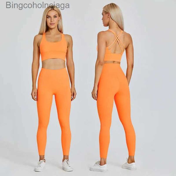 Conjuntos ativos Hi Cloud Roupas de treino simples para mulheres Conjuntos de ginástica de 2 peças escovados Naked Feel Leggings de cintura alta 4 vias tecido elástico sutiã esportivo L231007