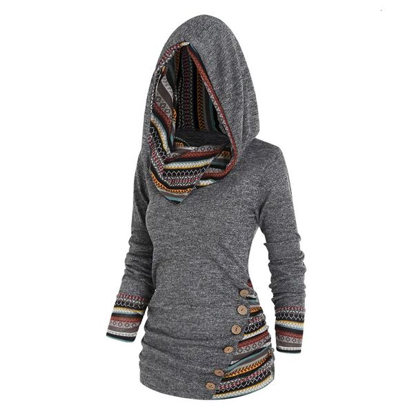 Damen-Kapuzenpullover, Sweatshirts, Stammes-Geometrie-Streifen-Panel, Kapuzen-Strickoberteil, langärmlig, mit Knöpfen gestrickt, für Damen, lässig, Ethno-Oberteil mit Kapuze, 231007