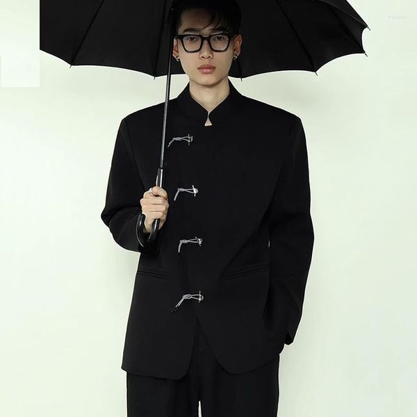 Мужские костюмы HOUZHOU, винтажное пальто, мужское пальто в китайском стиле с пряжкой в виде диска, черный пиджак, мужские топы, мужской большой размер, воротник-стойка, свободный повседневный стиль
