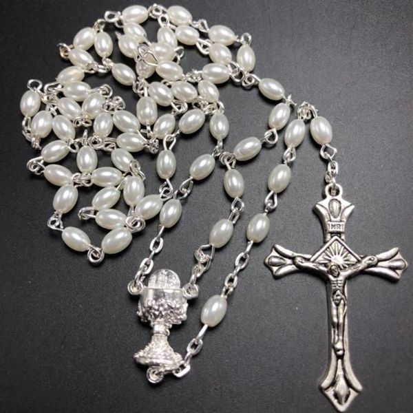 Collane con ciondolo 10 pezzi set Bianco 6 4mm Rosario di vetro Pera Perlina ovale Rosario cattolico Collana di perle carina Calice Center251V