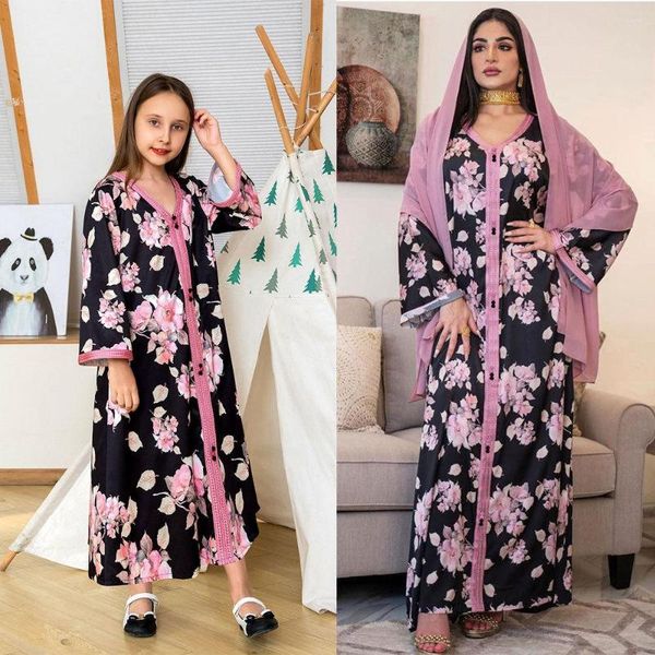 Roupas étnicas Mãe Filha Família Combinando Roupas Elegante Preto Floral Maxi Vestido Médio Oriente Muçulmano Pai-Filho Roupas 2023 Eid