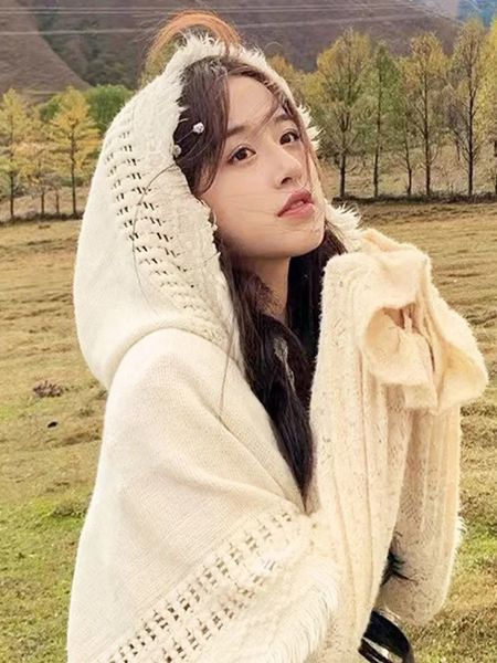 Шарфы в богемном стиле с кисточками, сплошной цвет, вязать нитками, осень-зима, женский шарф с капюшоном, утолщенный, теплый, защитить от ветра, дорожный плащ, длинная шаль 231007