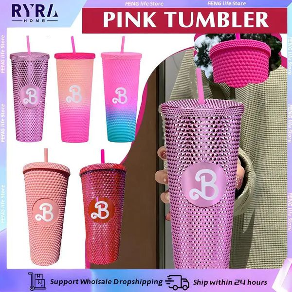 Canecas 710ml Barbi Diamond Durian Cup 24oz Studded Tumbler com palha portátil Bling rosa garrafa de água potável presentes de Natal 231007