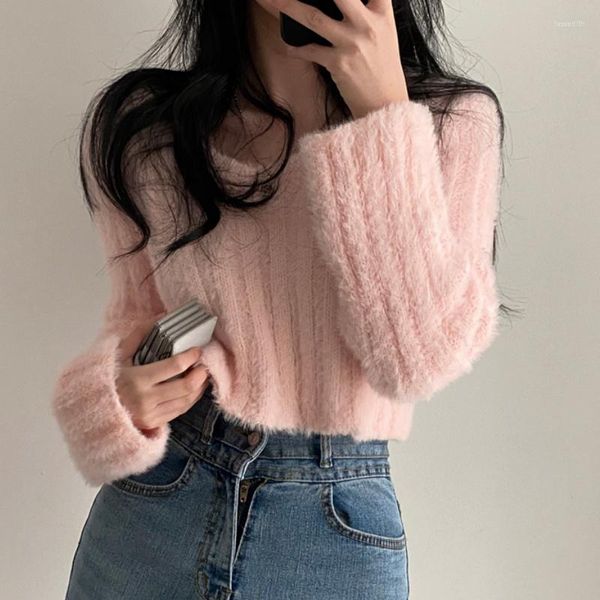 Suéter feminino estilo coreano rosa suéter preguiçoso curto chique suave selvagem vison casaco com decote em v manga comprida macio quente roupa exterior