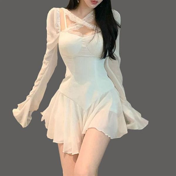 Повседневные платья Летнее мини-платье Женское белое с пышными рукавами в корейском стиле Сказочное плиссированное шифоновое японское сексуальное элегантное винтажное вечерние Party212S