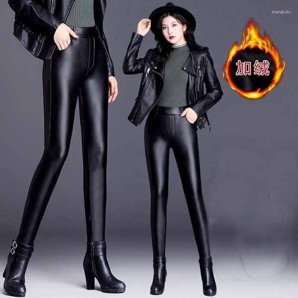 Calças femininas inverno cintura alta leggings de couro para mulheres preto quente matemática magro veludo lã lã senhoras estiramento sexy magro S-5X