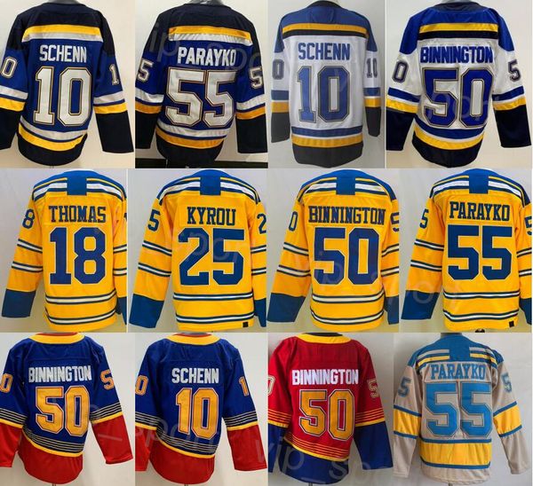 Herren Hockey 10 Brayden Schenn Trikot Reverse Retro 18 Robert Thomas 25 Kyrou 50 Binnington 55 Colton Parayko Winter Classic Heritage Stickerei Blau Weiß Gelb