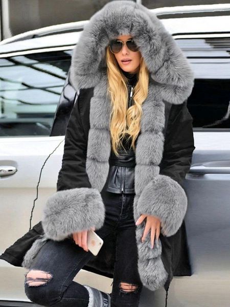 Trench da donna JANEFUR giacche invernali 2023 lungo lusso vera pelliccia colletto con finiture Parka cappotto spesso caldo finto foderato con cappuccio