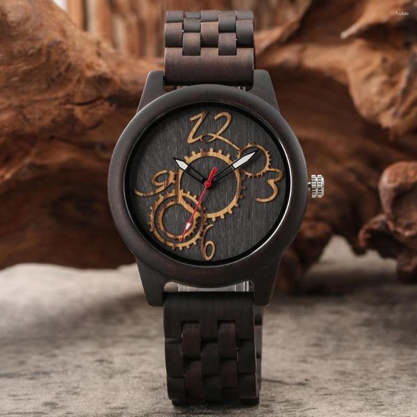 Relógios de pulso de luxo vintage de madeira homens relógio engrenagem roda algarismos árabes camada design dial dobrável fecho pulseira elegante relógios masculinos