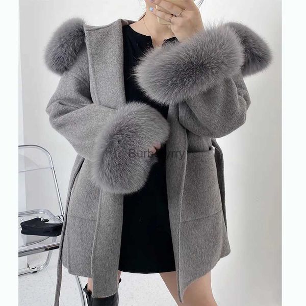 Pele feminina pele sintética oversize senhoras outerwear 2022 casaco de pele real jaqueta de inverno feminino gola de pele de raposa natural punhos capuz lã caxemira lã l231007
