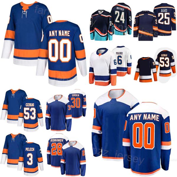 Homens Mulheres Crianças Hóquei 25 Sebastian Aho Jerseys 28 Romanov 53 Casey Cizikas 3 Adam Pelech 6 Ryan Pulock 24 Scott Mayfield Ilya Sorokin Reverse Retro Nome Personalizado Número