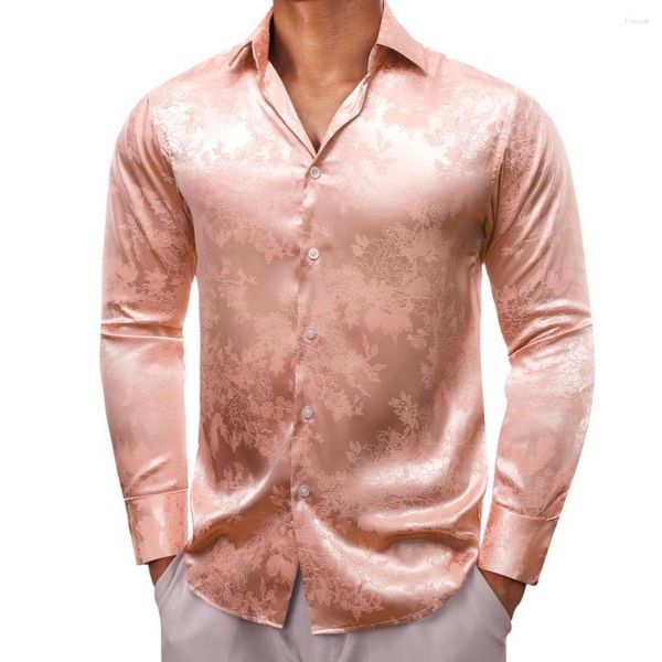Мужские повседневные рубашки, роскошные мужские шелковые атласные рубашки с розовым цветком и длинным рукавом, облегающие мужские блузки с воротником на пуговицах, топы, дышащая одежда