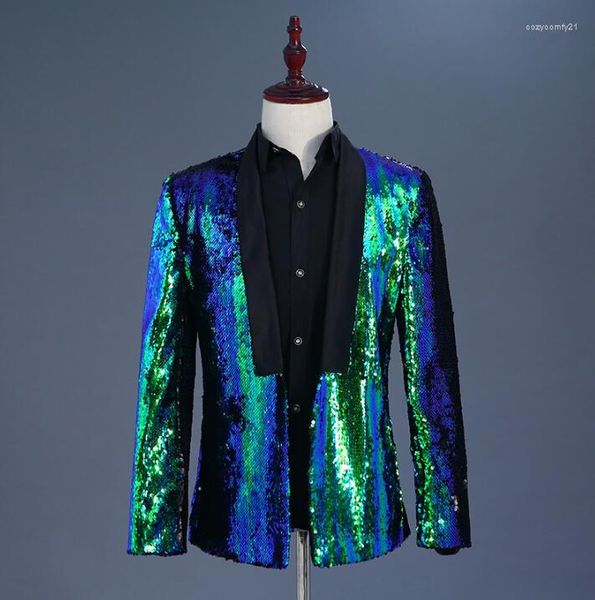 Abiti da uomo Bicolore Turn Paillettes Abiti da uomo Disegni Costumi di scena per cantanti Giacca Blazer da uomo Dance Star Style Fashion0 Dress