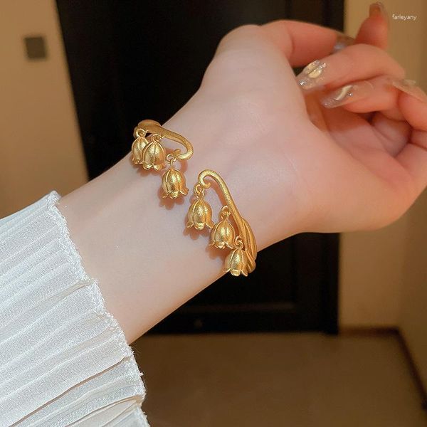 Bangle Minar estilo chinês metálico lírio do vale flor ajustável pulseiras para mulheres 18k latão banhado a ouro real