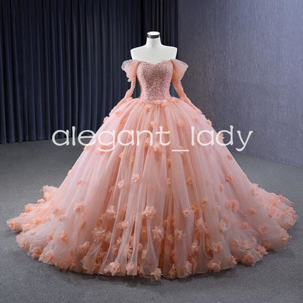 Abiti stile Quinceanera a maniche lunghe rosa arancione Tulle Applique in rilievo con spalle scoperte Corsetto Sweet 15 vestido de quinceanera rosa