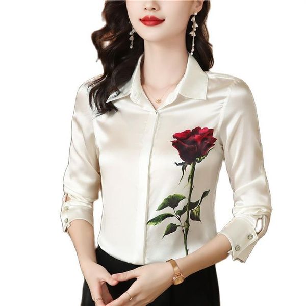 2023 blusas de impressão floral designer cetim topos feminino manga longa lapela formal botão acima camisa elegante e juventude escritório bege blusa1788
