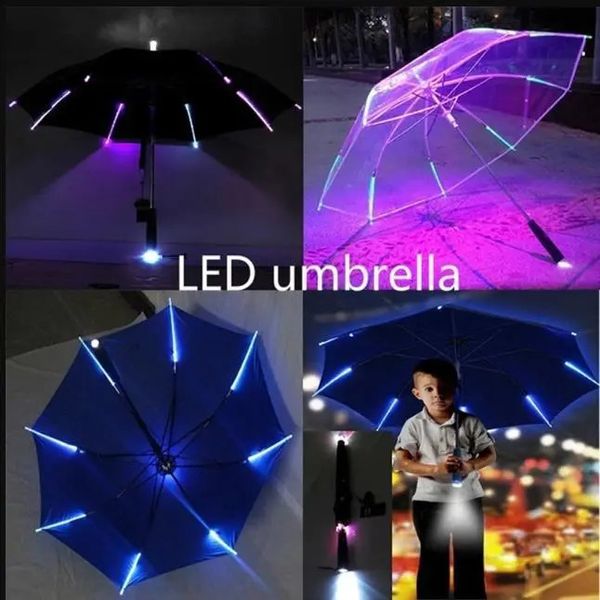 Regenschirme Kreative Mode Cooler Regenschirm mit LED-Funktionen 8-Rippen-Licht transparent mit Taschenlampengriff Regenschirme 231007