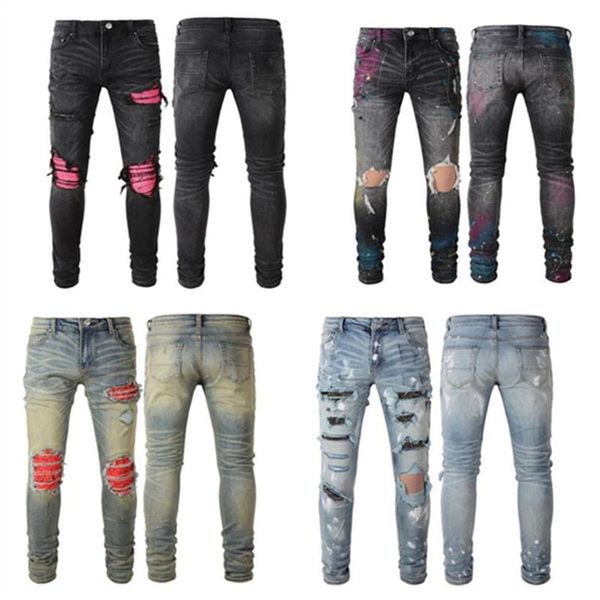 Designer preto calças de carga jeans para homem motociclista jeans homens rasgados magro estiramento angustiado motocicleta denim caber hip hop strai270c