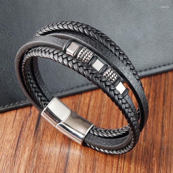 Charme pulseiras multi-camada trançada pulseira de couro tendência aço inoxidável fecho magnético pulseiras moda jóias presente para aniversário casamento