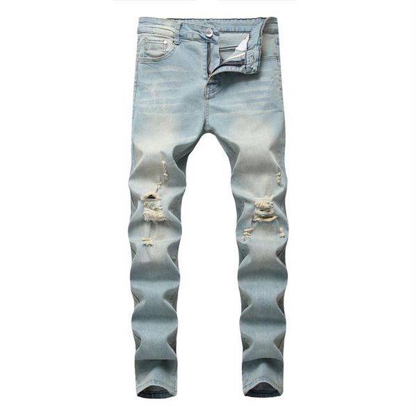 Jeans masculinos azul preto branco sweatpants sexy buraco calças casuais masculino rasgado calças magras magro motociclista outwears235w