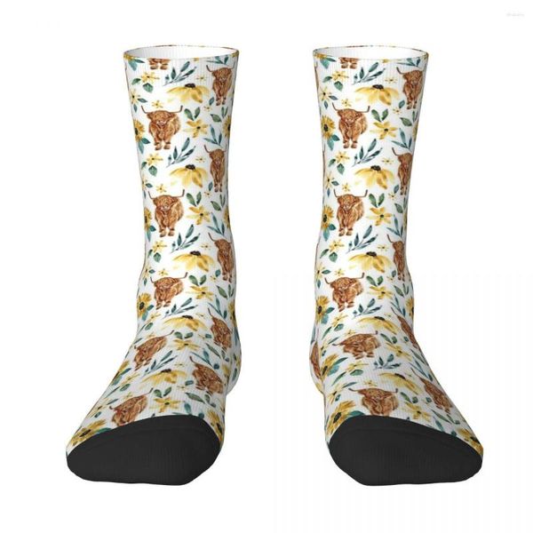 Мужские носки Highland Cow And Sunflowers Harajuku, впитывающие пот чулки, всесезонные длинные аксессуары для мужчин и женщин, подарки
