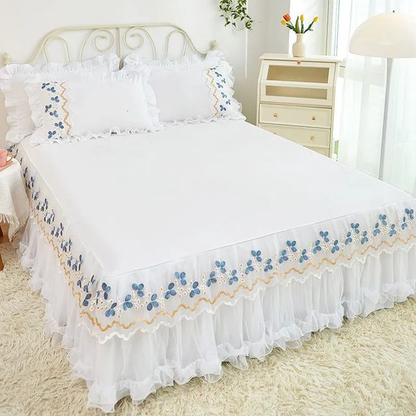 Saia de cama renda folha de lótus renda cama saias estilo princesa cor sólida branco rosa colcha capa de cama lençóis antiderrapantes sem fronha 231007