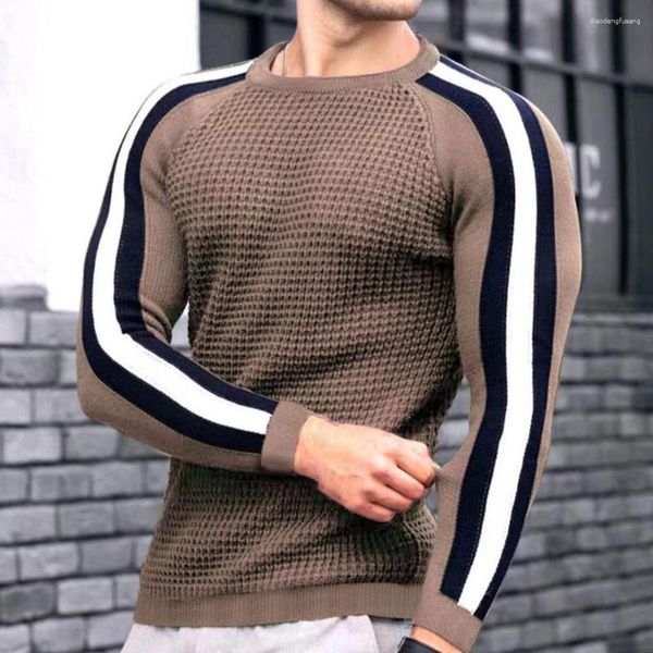 Herrenpullover Gestreifter Herrenpullover Herbst Sportstil Warm halten Gestrickte Tops O-Ausschnitt Farbblock Stricken Slim Fit Pullover