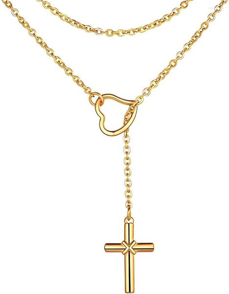 Anhänger-Halsketten ChainsPro Frauen Kreuz Y-Form 18 Karat Gold Tropfenhalskette vorne verstellbare lange Kette vergoldet/Edelstahl CP747