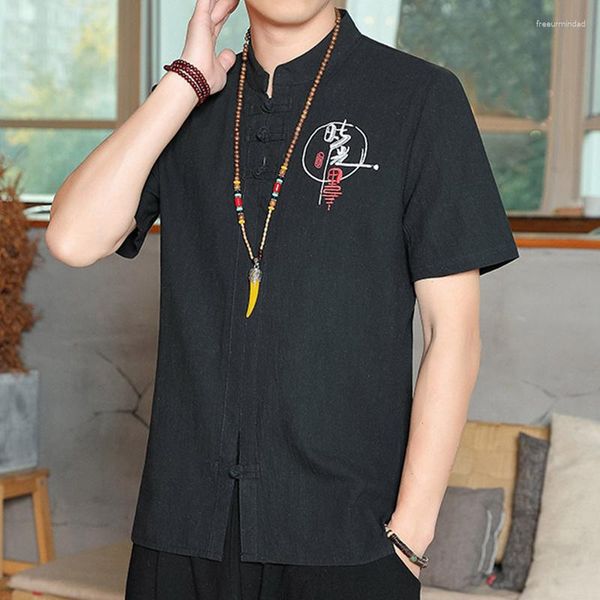 Camisas casuais masculinas homens manga curta s homens roupas tradicionais chinesas algodão impresso uniforme blusa hanfu