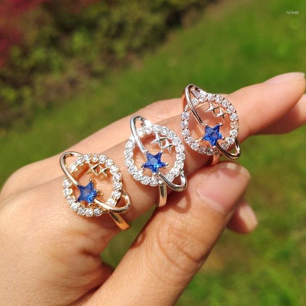 Anéis de cluster vintage estrela planeta para mulheres meninas zircon cristal azul aberto anel de dedo ajustável noivado casamento jóias presente