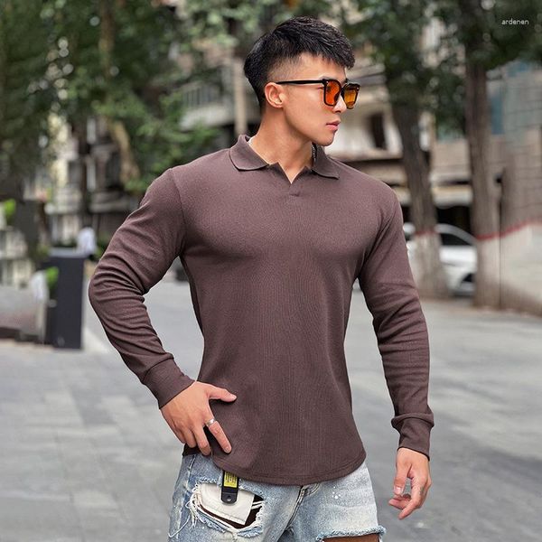 Erkekler Tişörtler Erkekler Tee Shirt V Yok Kapak Yaka Uzun Kollu Elastik Pamuk Teetops Şık T-Shirt 2023 Sonbahar Günlük Katı Erkek