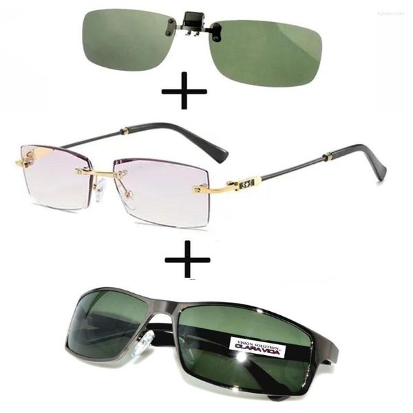 Óculos de sol 3 unidades!!! Óculos de leitura de luxo sem moldura sem aro para homens e mulheres clipe esportivo polarizado de liga
