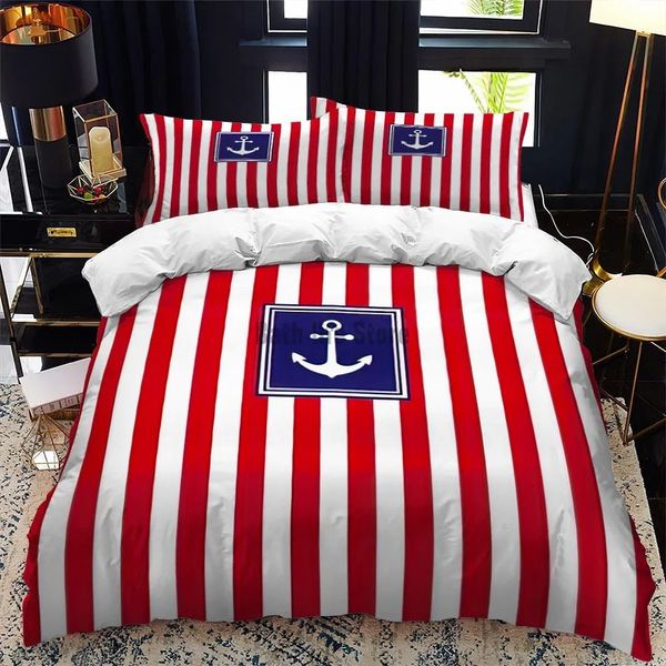 Conjuntos de cama Stripe Anchor Bedding Set Linho Duveta Capa Cama Quilt Fronha Para Adultos Mulher 3D Consolador Grande Vela 231007